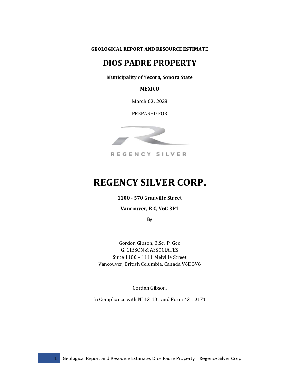 First page of Dios Padre NI 43-101 Technical Report
