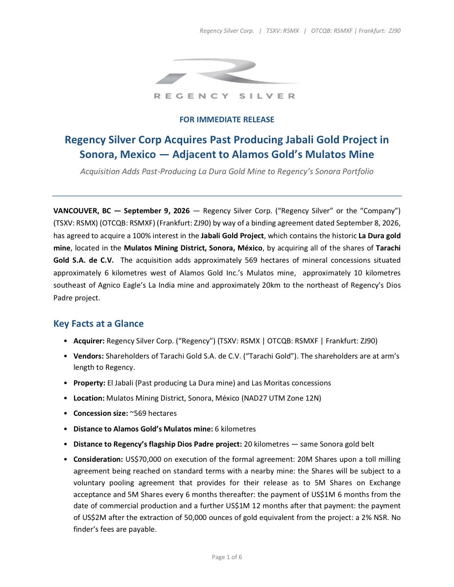 First page of the September 9, 2026 Jabalí acquisition announcement