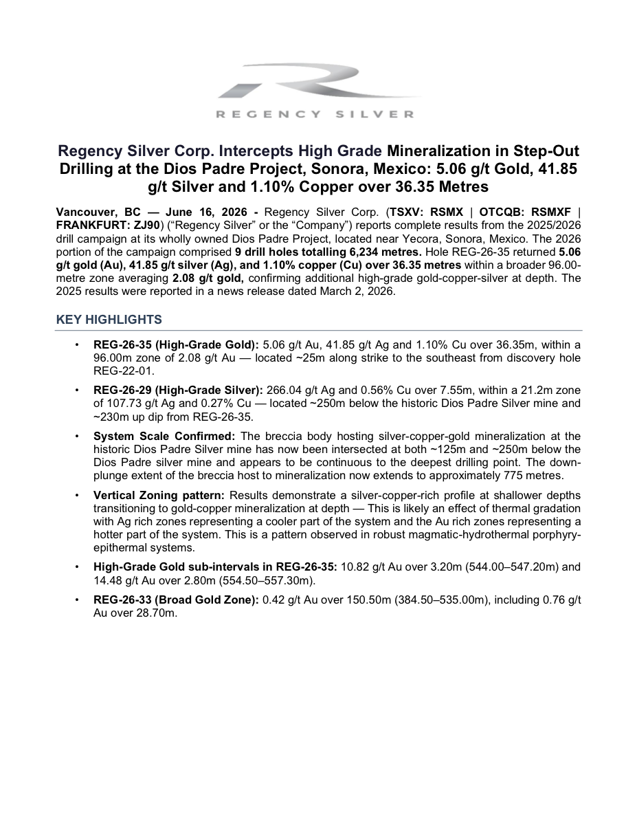 First page of the June 16, 2026 Dios Padre drill-results release